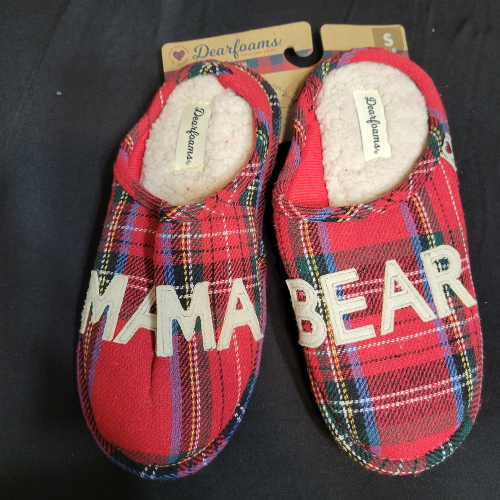 dearfoams Red Plaid 'MAMA BEAR' Women's Slip-On Slippers